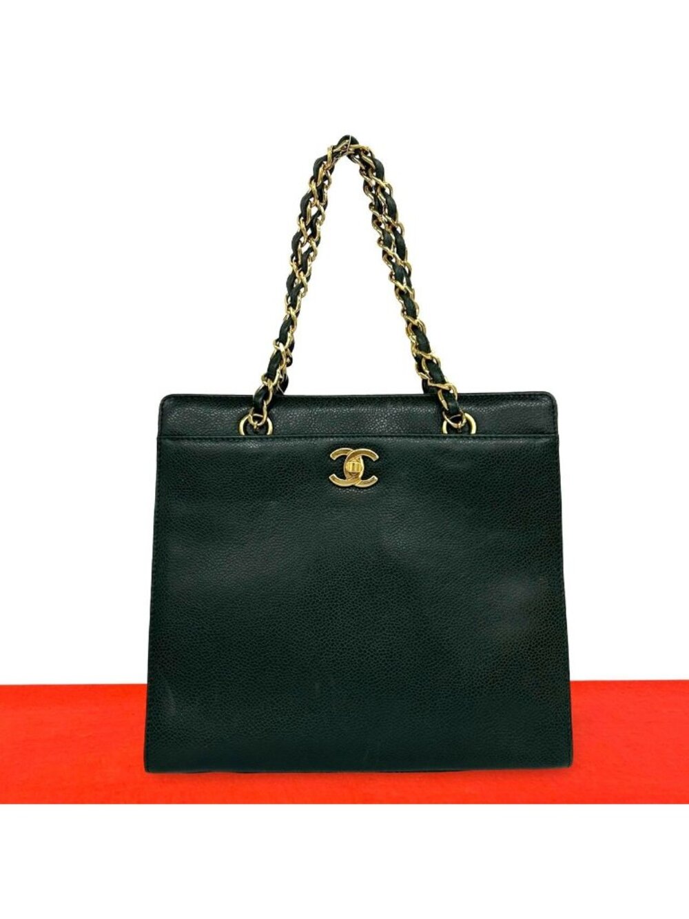 Chanel Vintage CC Logo Caviar Leather Chain Handbag Green